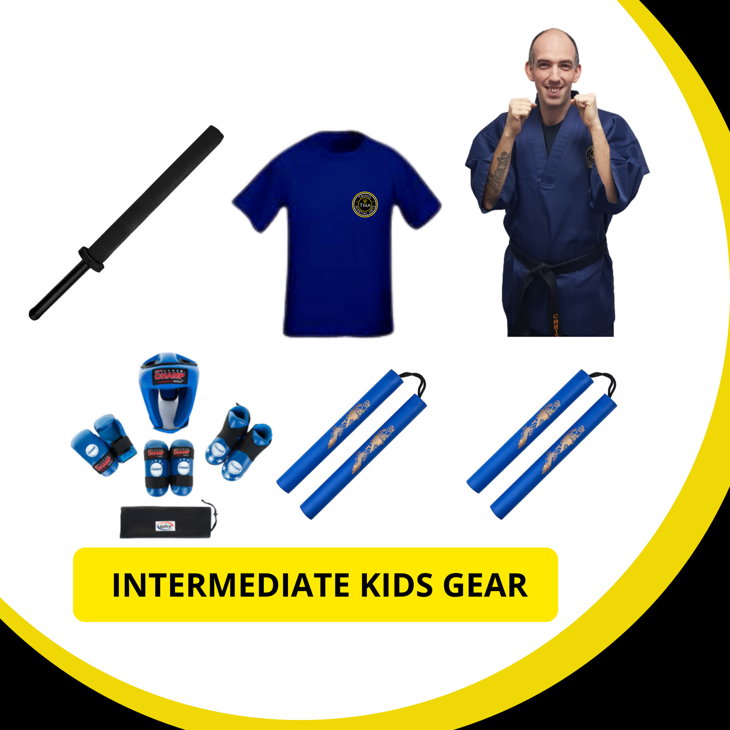 Kids Martial Arts - Intermediate Uniform, Sparring Kit, Foam Sword + Nunchucks